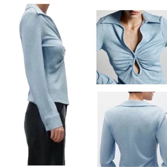 Zara light blue shimmer metallic glitter long sleeve keyhole collared blouse top - Picture 3 of 16